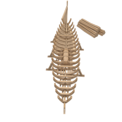 3D render of a ship's wooden skeleton under construction, showing the keel, ribs, and sternpost. A separate bundle of logs lies nearby. Top-down view.