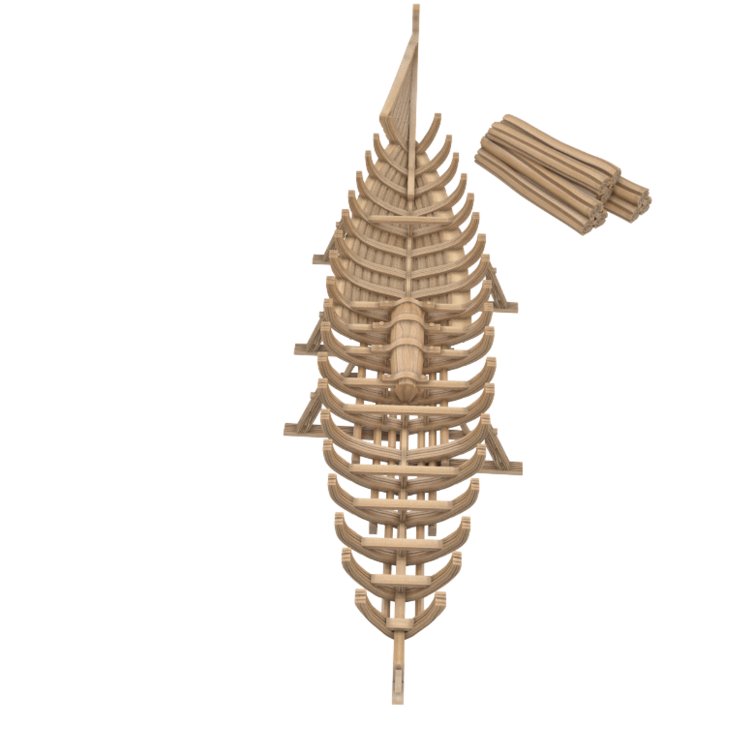 3D render of a ship's wooden skeleton under construction, showing the keel, ribs, and sternpost. A separate bundle of logs lies nearby. Top-down view.