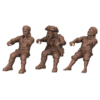3D render of three pirate-themed tabletop miniatures in a seated rowing pose. Includes a captain in a tricorn hat, a sailor with a bandana, and a veteran with an eyepatch.
