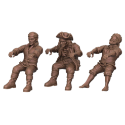 3D render of three pirate-themed tabletop miniatures in a seated rowing pose. Includes a captain in a tricorn hat, a sailor with a bandana, and a veteran with an eyepatch.
