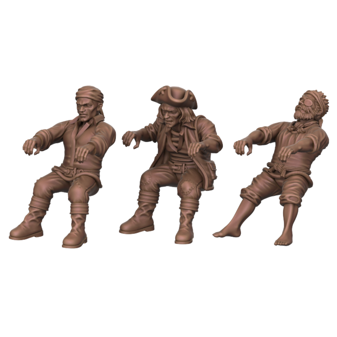 3D render of three pirate-themed tabletop miniatures in a seated rowing pose. Includes a captain in a tricorn hat, a sailor with a bandana, and a veteran with an eyepatch.