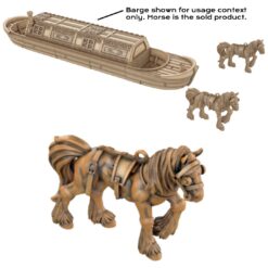 3D render of a powerful draft horse miniature with feathered hooves and a towing harness, designed for 28mm tabletop wargaming. Includes context image with a canal barge.