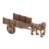 3D render of a painted medieval two-wheeled wooden barge cart with wattle sides, pulled by a harnessed draft horse, for tabletop gaming.