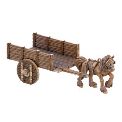 3D render of a painted medieval two-wheeled wooden barge cart with wattle sides, pulled by a harnessed draft horse, for tabletop gaming.