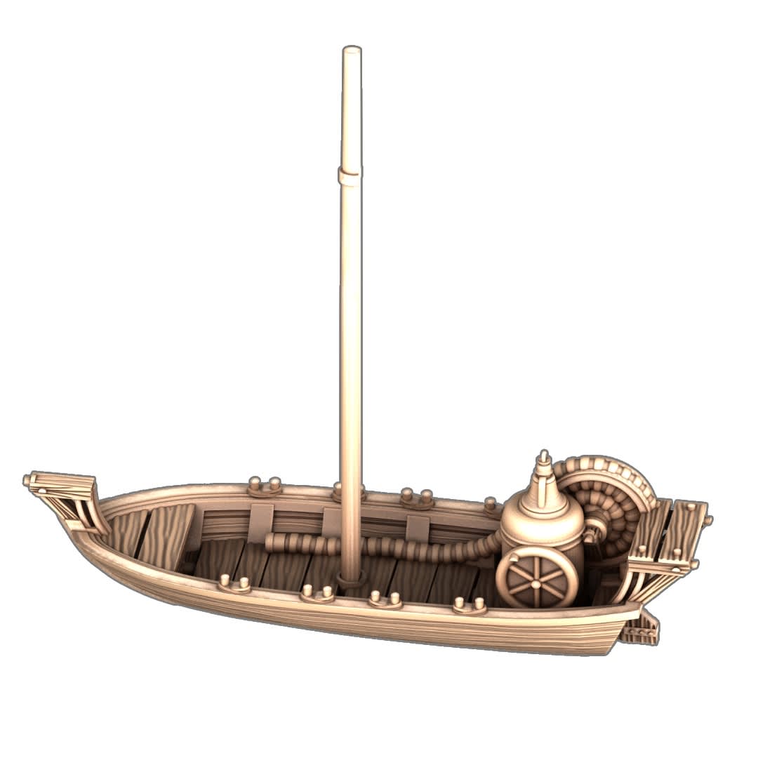 3D render of a small wooden pearl diver boat with a single mast, a rear winch mechanism, and a separate oar, designed for 3D printing.