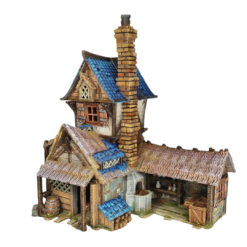 3D printed and painted miniature of a medieval blacksmith building with a stone foundation, wooden wattle-and-daub walls, a side waterwheel, thatched awnings, and a striking blue tiled roof.