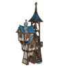 3D printed and painted model of Parson's Lodge, a tall medieval fantasy bell tower with half-timbered walls, blue shingled roofs, stone chimney, and wooden stairs.