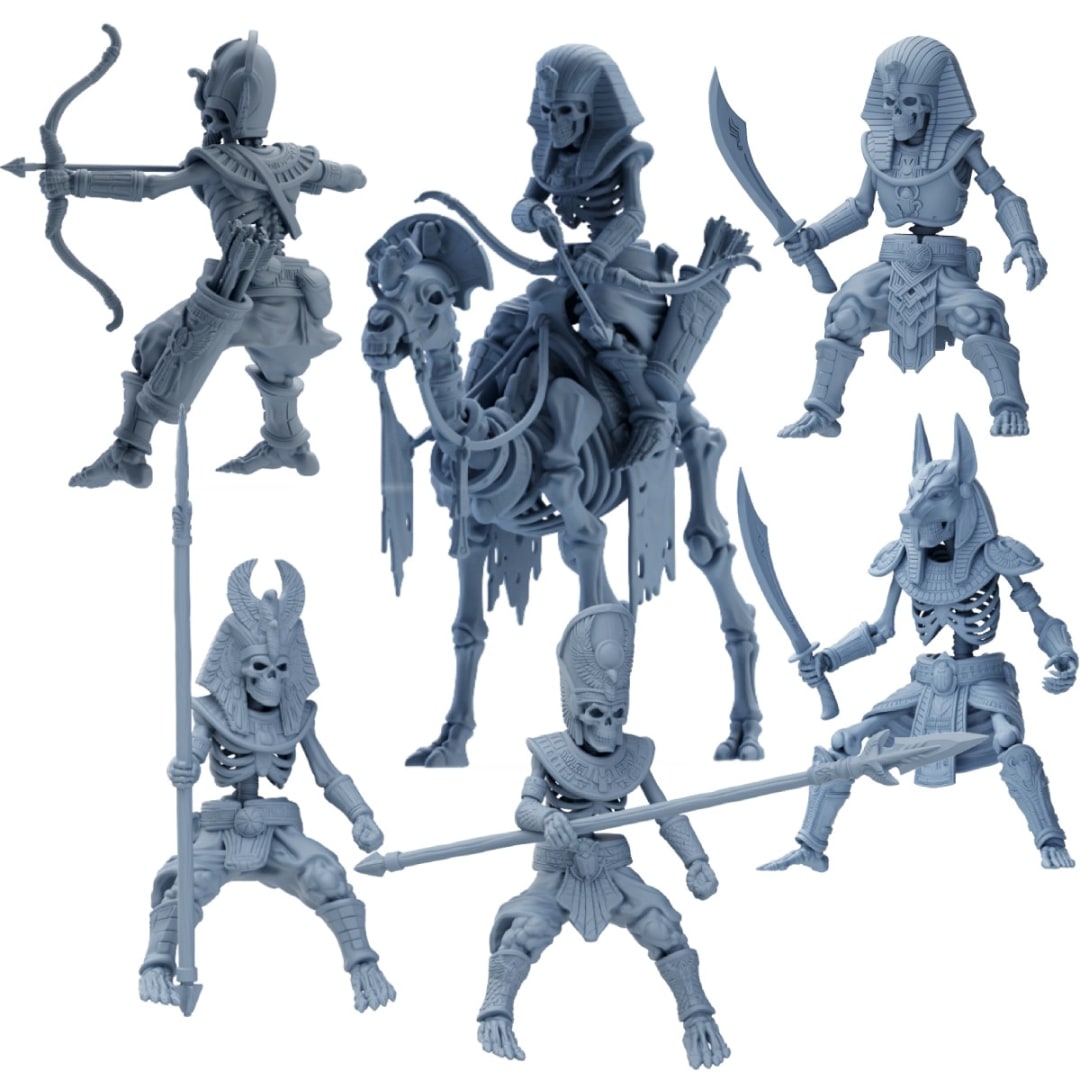 3D painted render of a skeletal camel miniature featuring ancient Egyptian-style armor, a scarab saddle, and tattered banners on a desert base