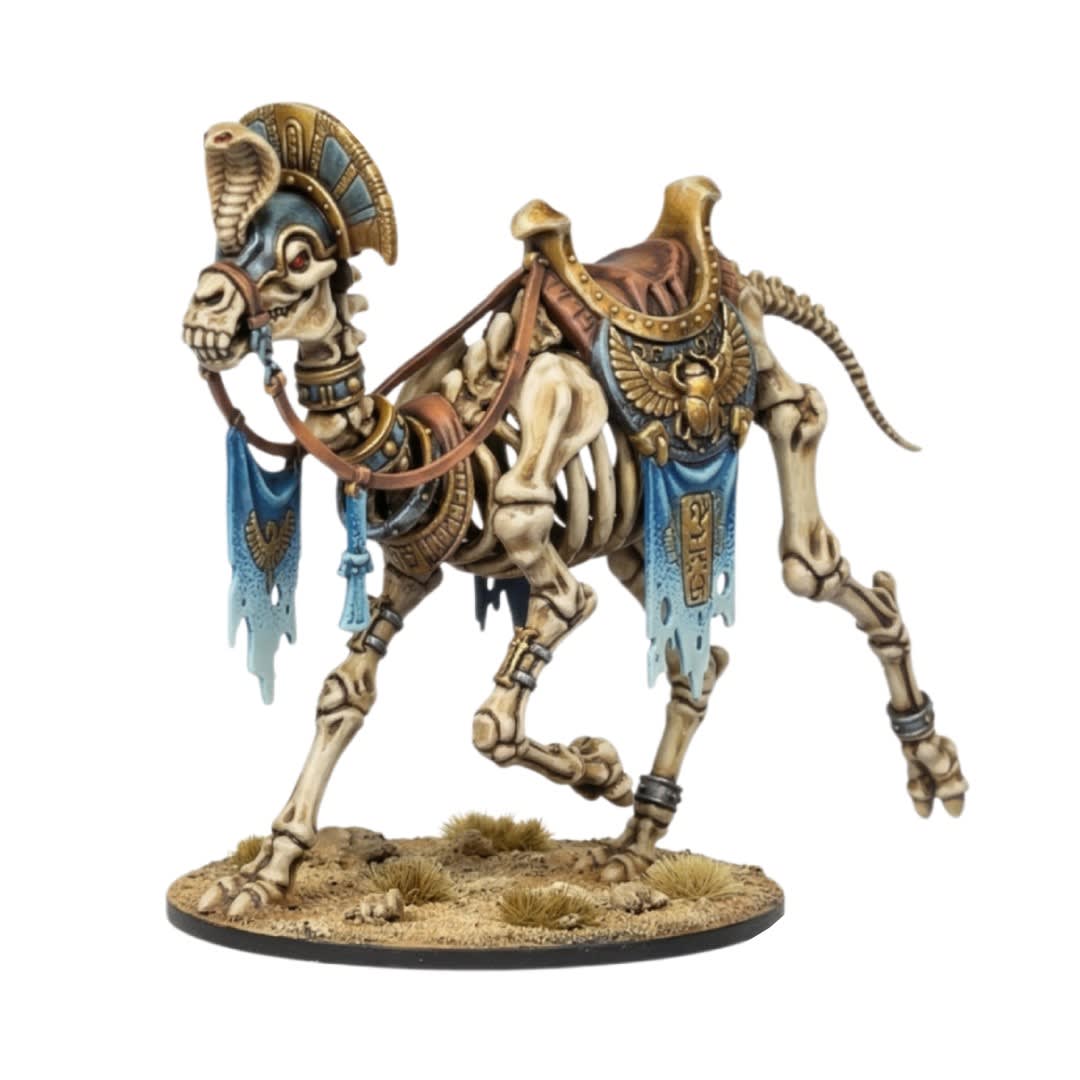 3D painted render of a skeletal camel miniature featuring ancient Egyptian-style armor, a scarab saddle, and tattered banners on a desert base