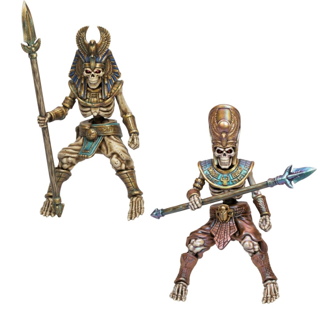 3D painted render of a skeletal camel miniature featuring ancient Egyptian-style armor, a scarab saddle, and tattered banners on a desert base