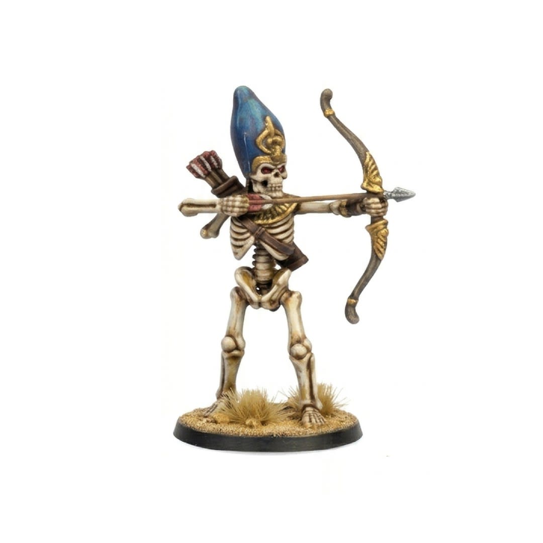 3D render of a painted 28mm scale undead skeleton archer miniature wearing a golden Anubis headdress, holding a drawn wooden bow with an arrow, standing on a desert terrain base.
