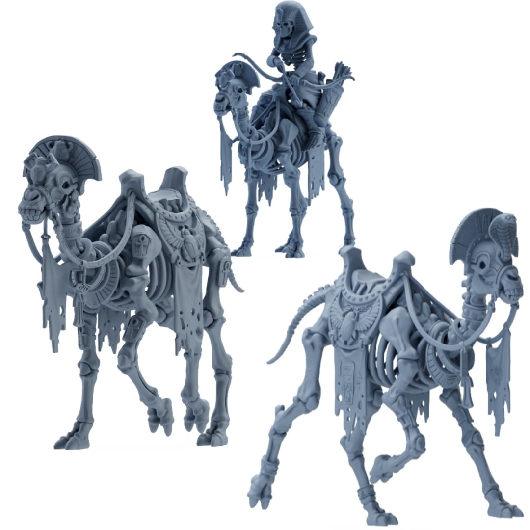 3D painted render of a skeletal camel miniature featuring ancient Egyptian-style armor, a scarab saddle, and tattered banners on a desert base