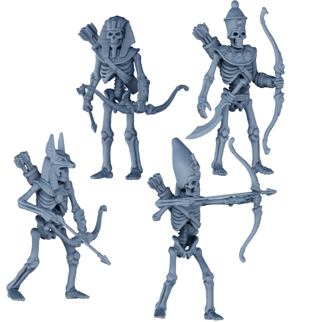 3D render of a painted 28mm scale undead skeleton archer miniature wearing a golden Anubis headdress, holding a drawn wooden bow with an arrow, standing on a desert terrain base.