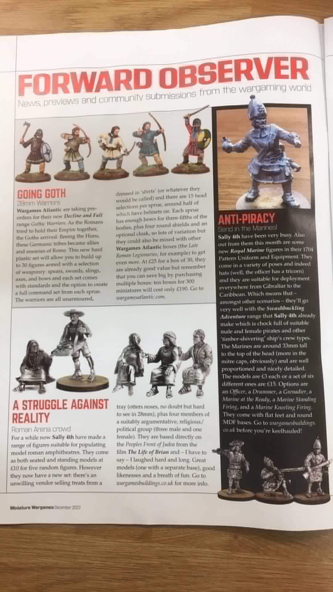 Miniature Wargames December 2022 Forward Observer section featuring Iain Lovecraft Liberation Front miniatures under A Struggle Against Reality