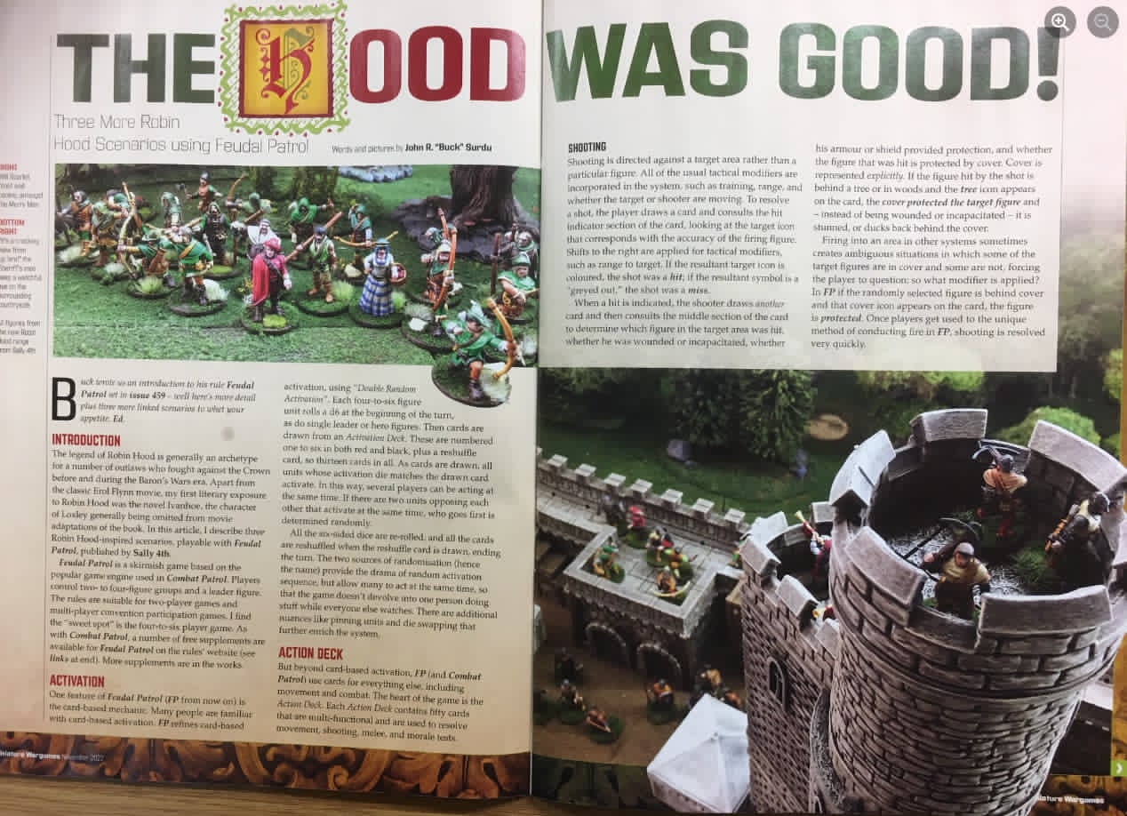 Inside spread of Miniature Wargames Issue 475 showing The Hood Was Good article with Iain Lovecraft Robin Hood miniatures