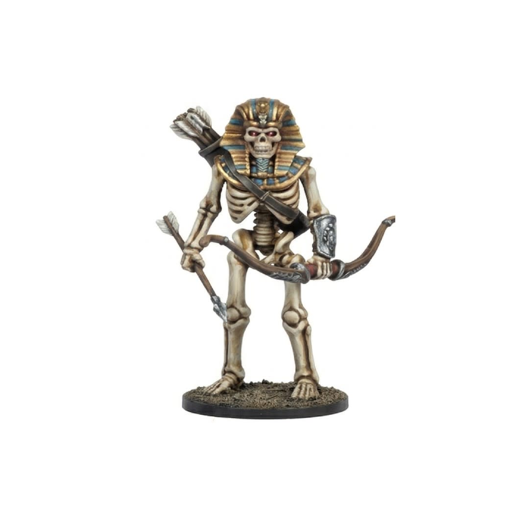 3D render of a painted 28mm scale undead skeleton archer miniature wearing a golden Anubis headdress, holding a drawn wooden bow with an arrow, standing on a desert terrain base.
