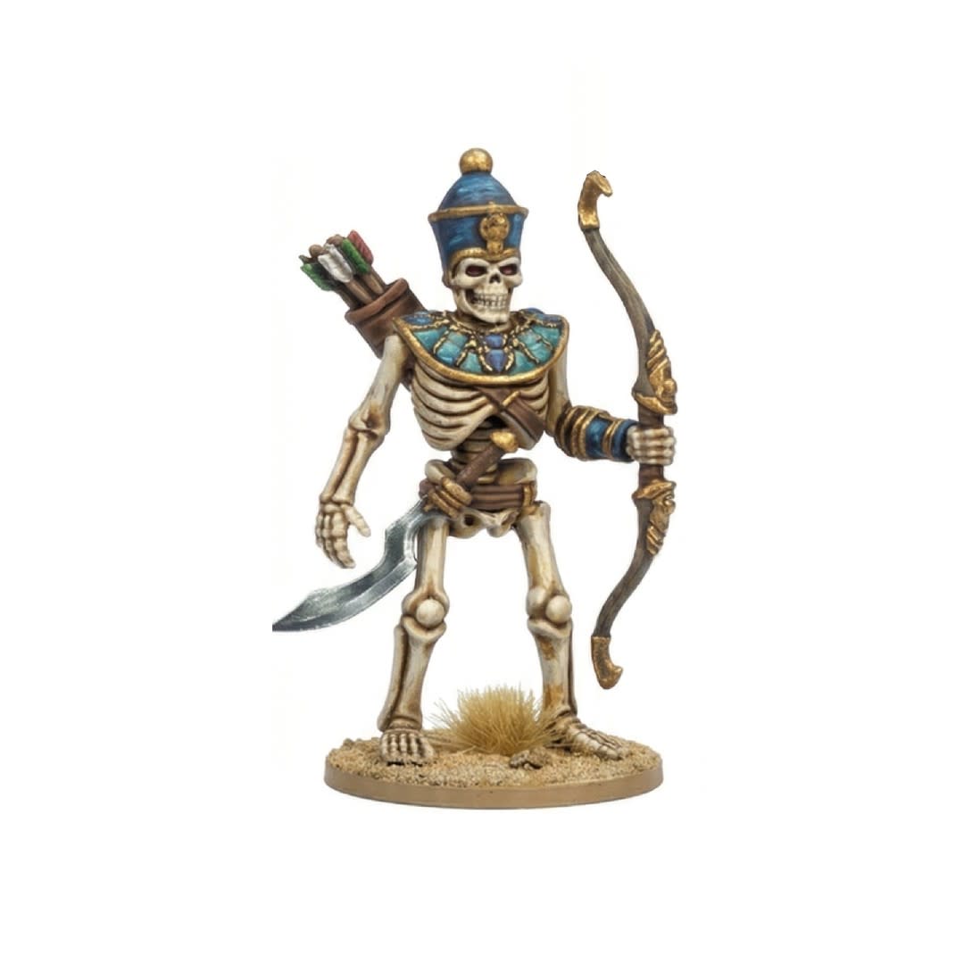 3D render of a painted 28mm scale undead skeleton archer miniature wearing a golden Anubis headdress, holding a drawn wooden bow with an arrow, standing on a desert terrain base.